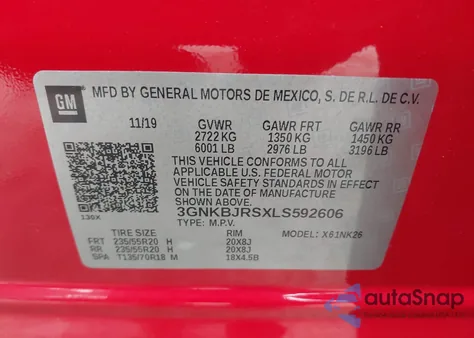 2020 Chevrolet Blazer Awd 3Lt из США, поврежденный, VIN 3GNKBJRSXLS592606